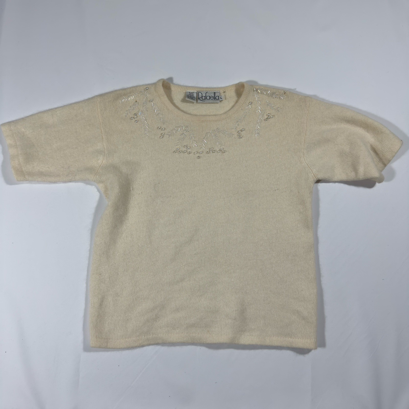 Rafaella Sweater Women Large Cream Vintage 90s Beaded Angora Wool Blend Good